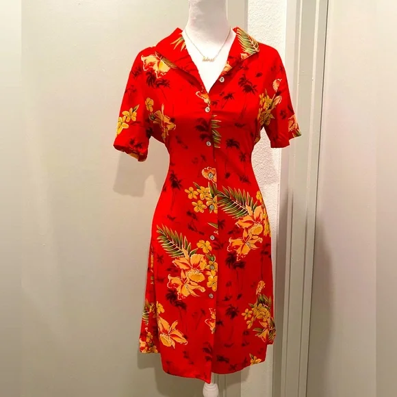 Notations Dresses | Vtg 90s Notations Red Tropical Button Down Collared Short Sleeve Maxi Dress - S | Color: Red/Yellow | Size: S | Alisamanzelli's